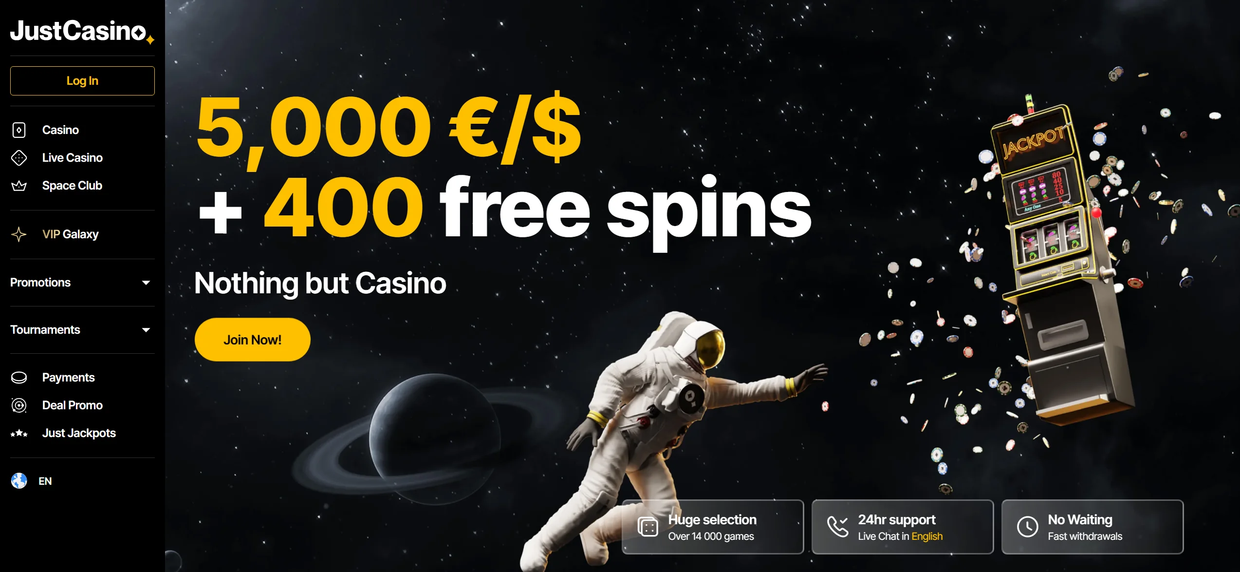 JustCasino homepage with a banner showing a $5,000 welcome bonus