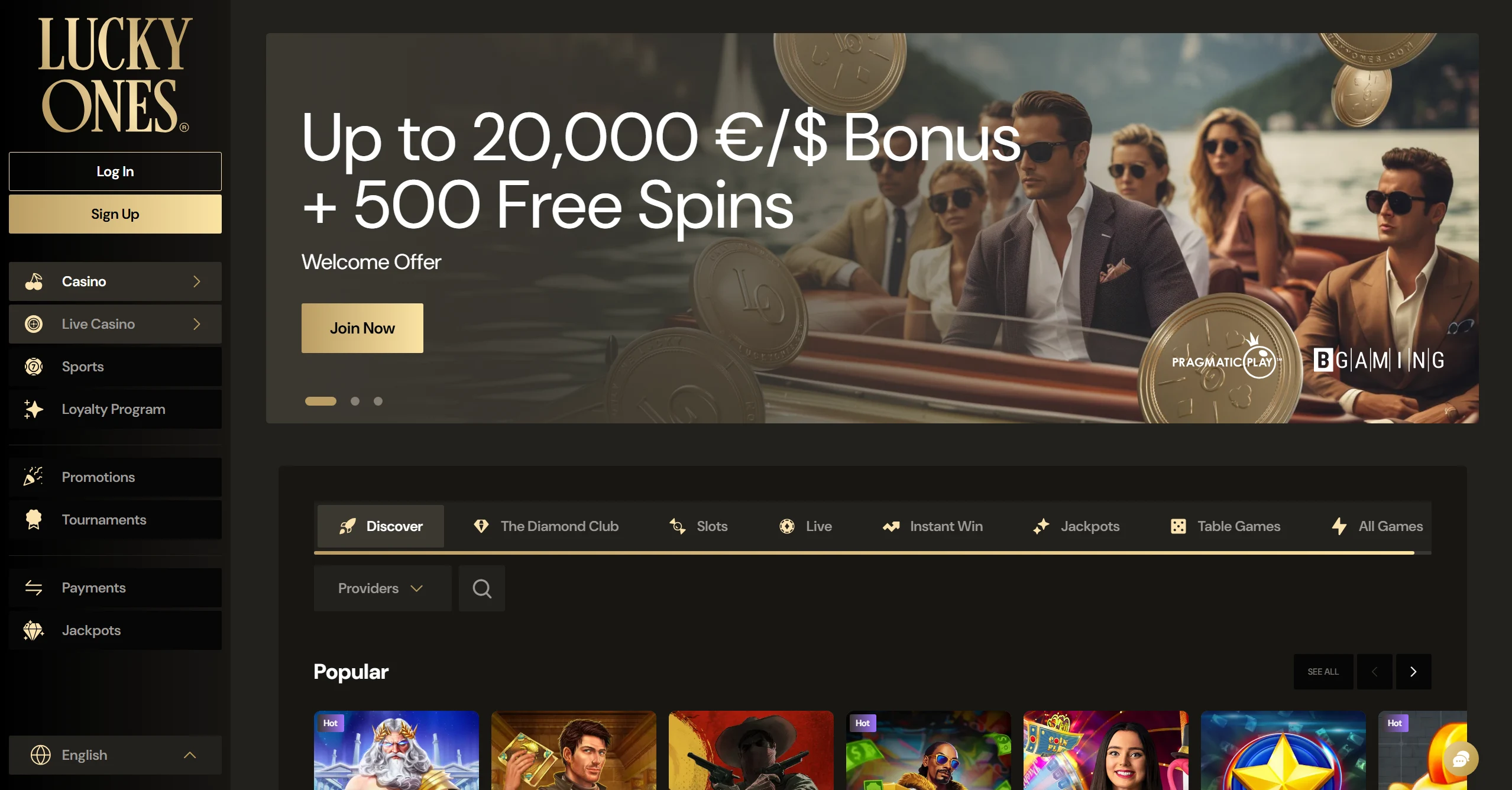 LuckyOnes homepage with banner displaying a welcome bonus up to $20,000