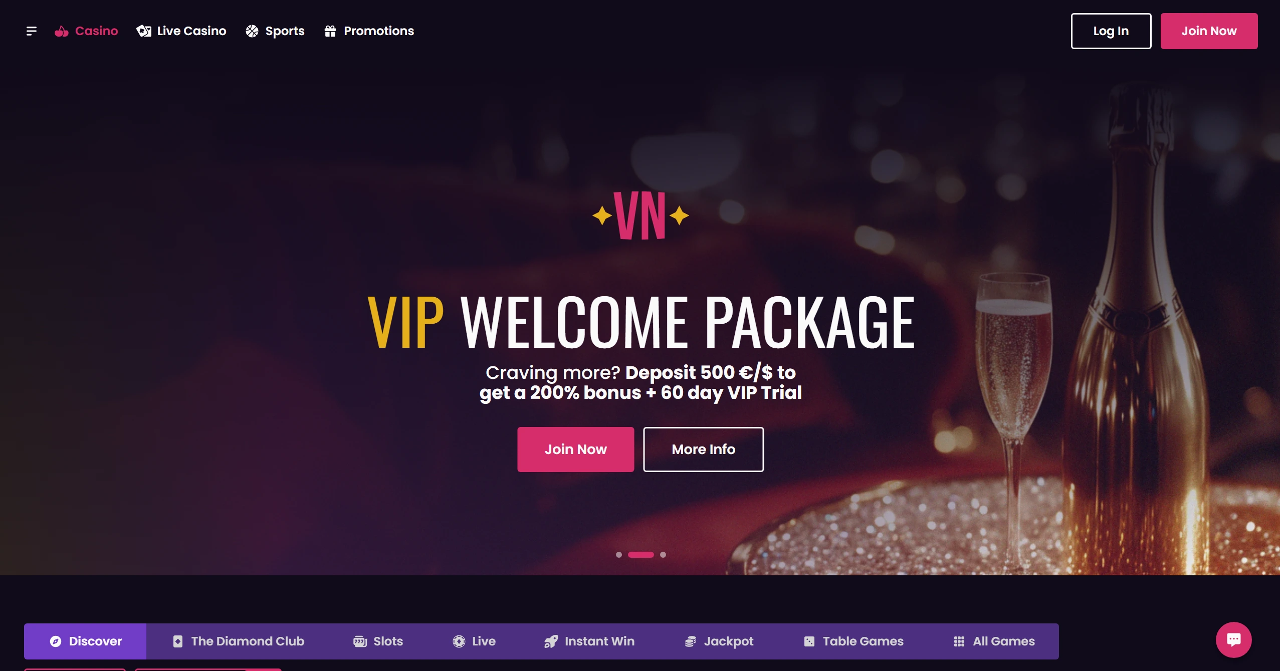 VegasNow homepage with banner showing a VIP welcome package